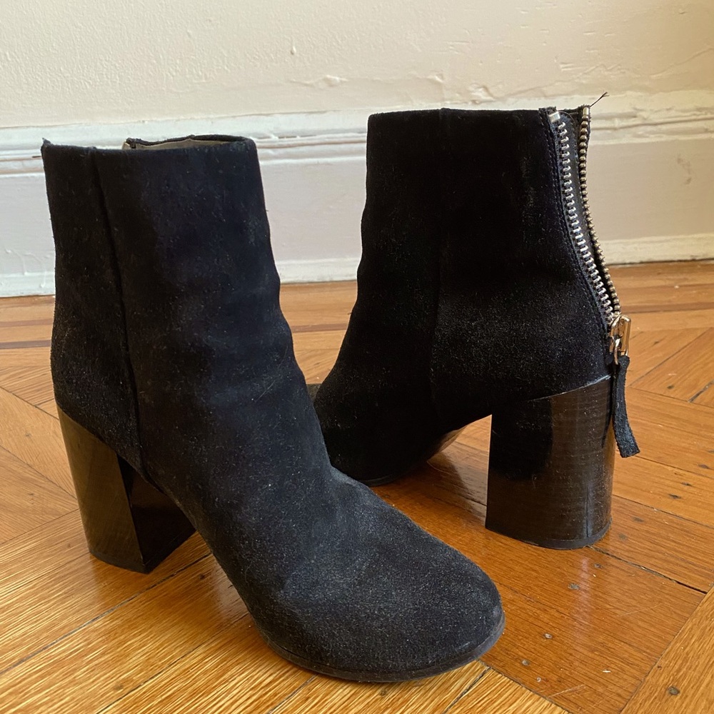 Black Suede Bootie Pumps with Woodblock Heel